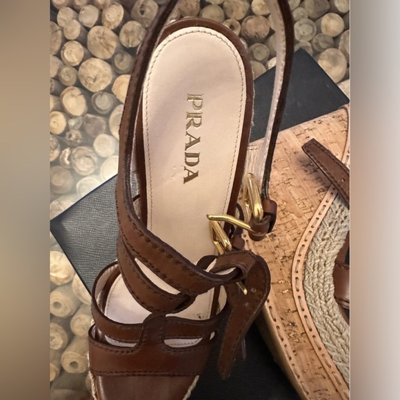 Authentic PRADA Calzature Wedge Platform Sandals Leather Size 40 Brown - Picture 4 of 8